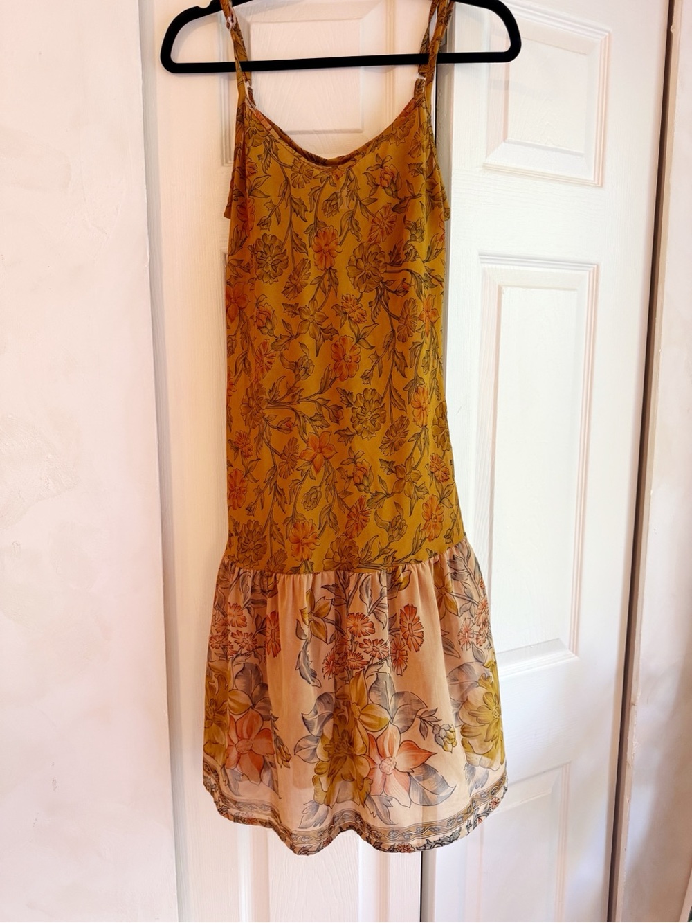 Vintage Floral 100% Silk Tiered Sundress in Mustard and Cream